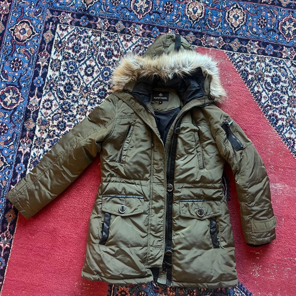Rainforest Down Parka.  Dark Green with Black Leather trim. Women's M